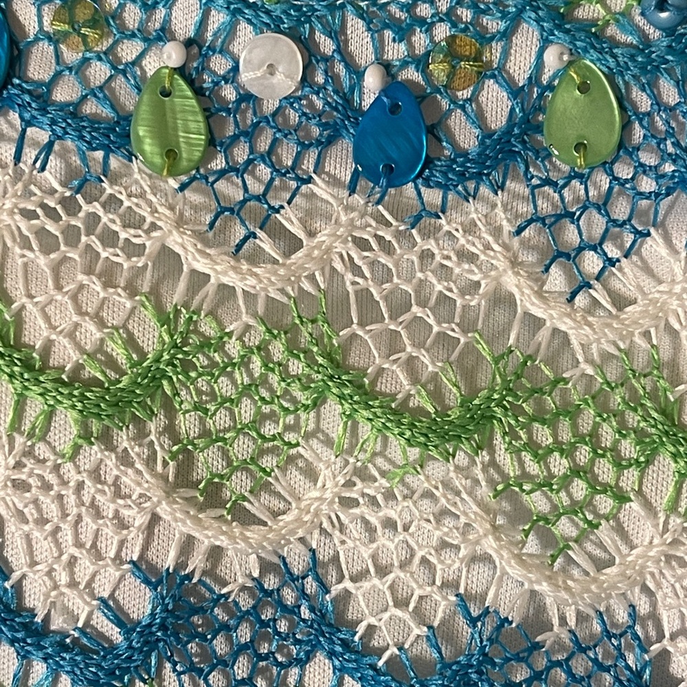 Alfred Dunner Open Knit Crochet Top Blue Green Stripe Coastal Grandma Large - Picture 5 of 6